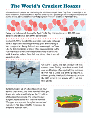 April Fools' Day hoaxes worksheet for third-grade reading comprehension