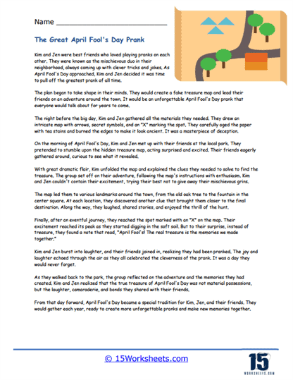 April Fools' Day hoaxes worksheet for third graders featuring reading comprehension exercises