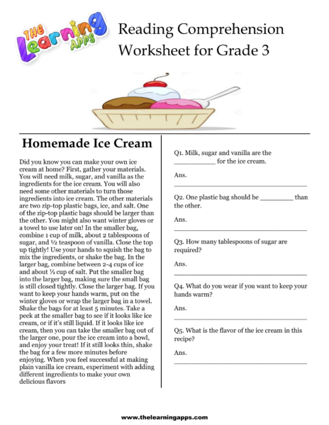 Reading worksheet for Third Grade Worksheet for enhancing third graders' reading comprehension skills focused on "The Ice Cream Disaster" story. Engaging passage designed to encourage deeper thinking about the text.