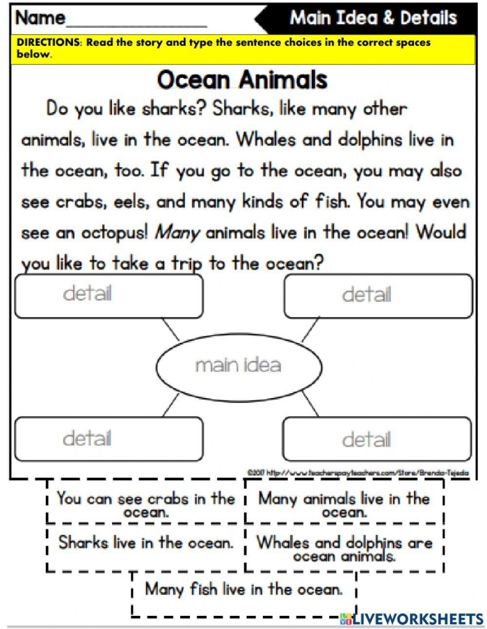 Main Idea of a Story worksheet designed for third graders focusing on reading comprehension skills