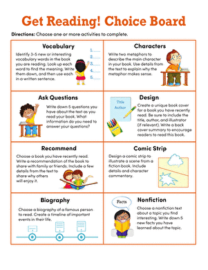 Get Reading Choice Board Worksheet Activity 3 for Independent Reading Practice Third grade students selecting reading activities from a colorful choice board worksheet to practice fluency and comprehension skills