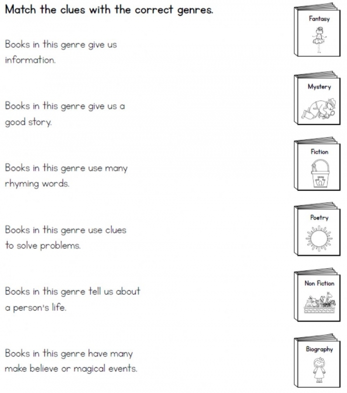 Students matching reading genres to their descriptions in a fun worksheet