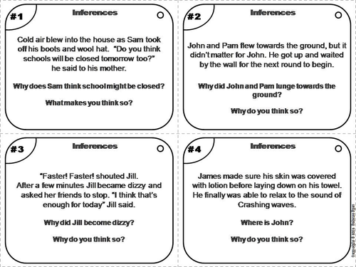 Inference Task Cards worksheet for third graders focusing on reading comprehension and making inferences. Educational resource for enhancing handwriting and analytical skills in young learners.