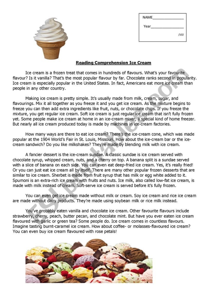 Illustration depicting a reading comprehension activity for 3rd grade students Worksheet for reading comprehension focusing on "The Ice Cream Disaster" for third graders