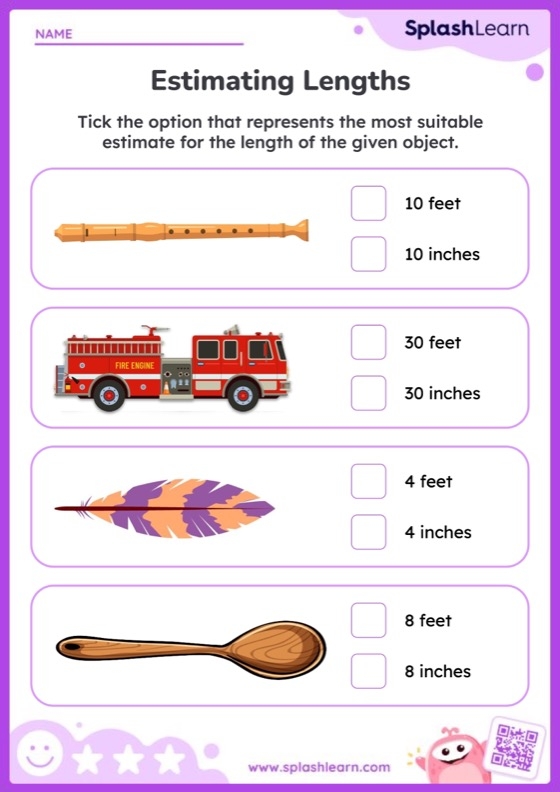 Engaging third-grade measurement worksheet to practice feet and inches Practice Reading Lengths worksheet featuring fun images for measurement activities