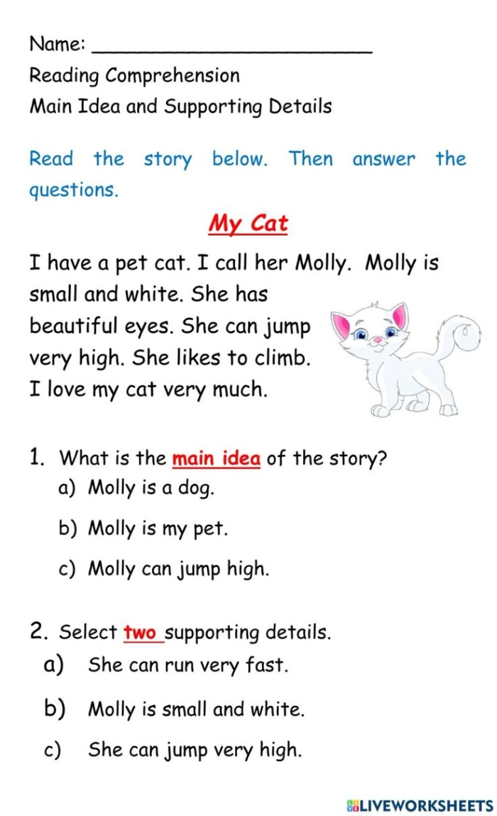 A third grade student worksheet showing a reading passage with exercises to identify the main idea and supporting details from the text