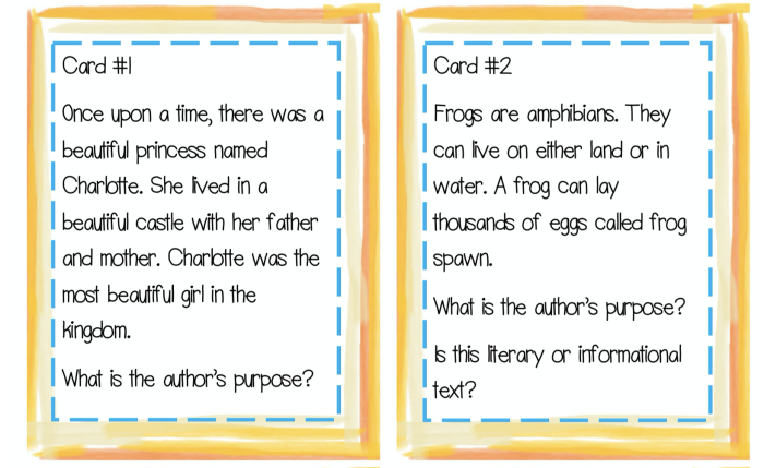 Author’s Purpose Task Cards worksheet for third graders featuring sample paragraphs for analysis