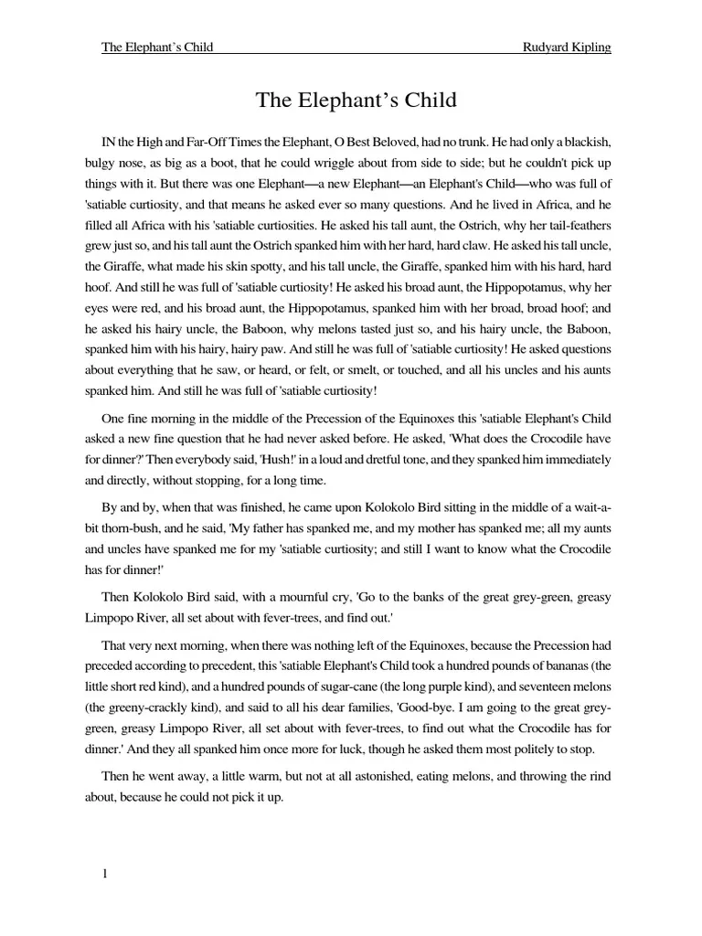 Worksheet for "The Elephant's Child" to enhance third grade reading skills