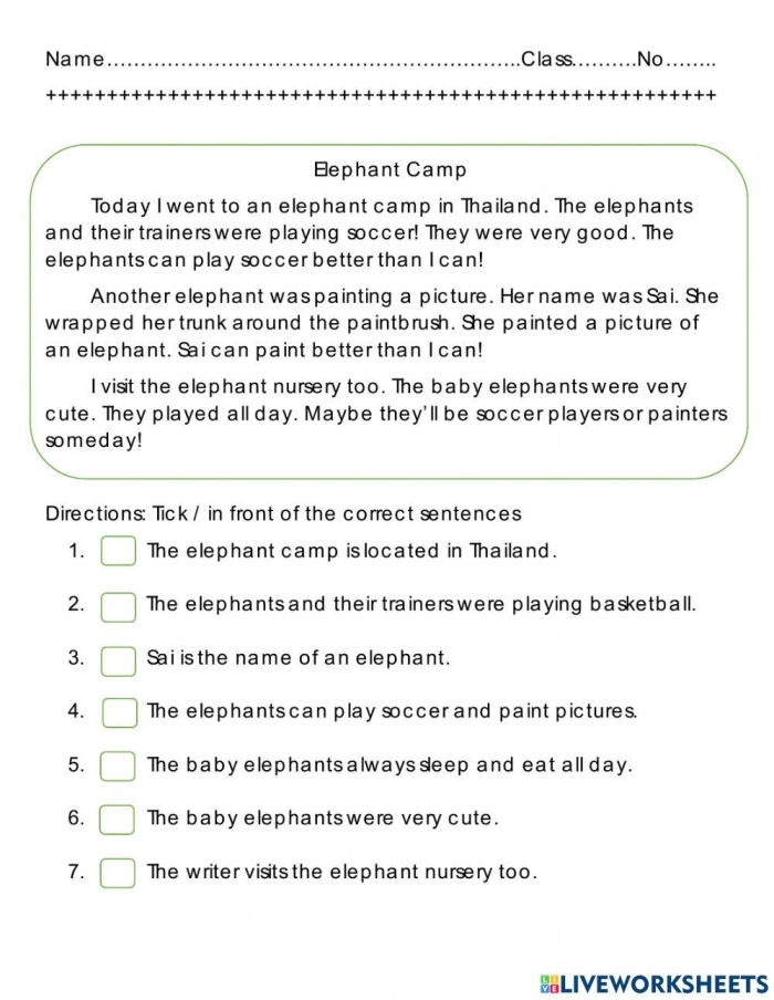 Worksheet featuring reading comprehension questions for The Elephant's Child