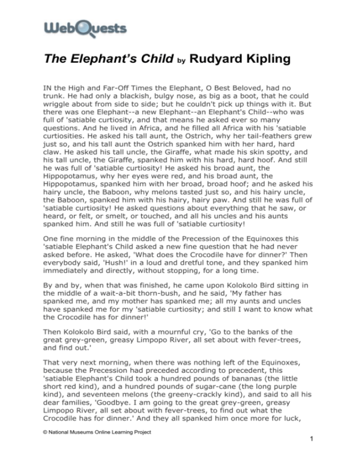 Worksheet for The Elephant's Child to enhance reading skills in third graders