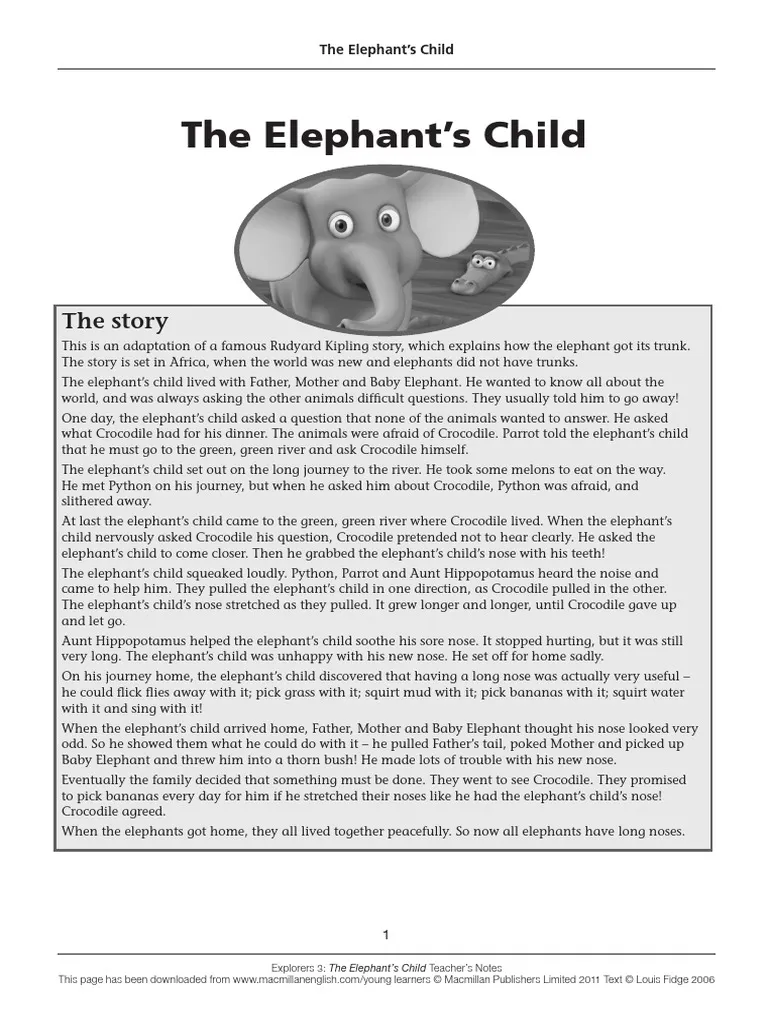 A colorful worksheet designed for third graders focusing on reading comprehension of "The Elephant's Child" by Rudyard Kipling