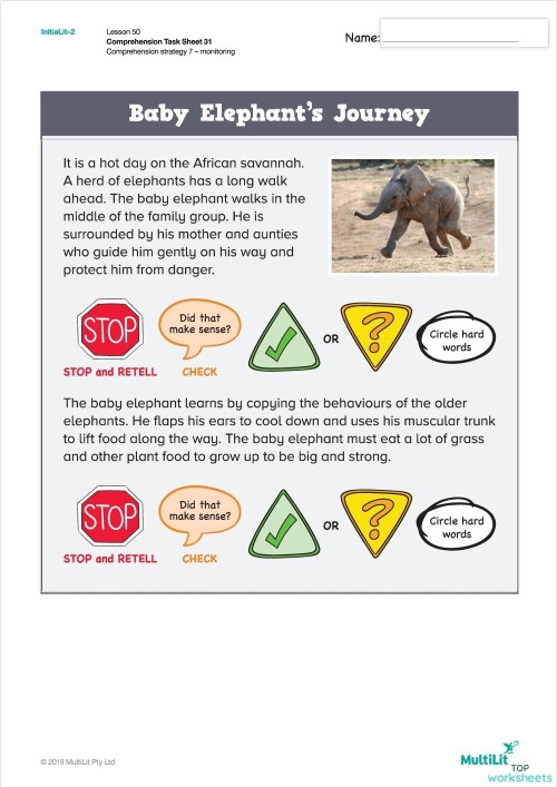 Worksheet for The Elephant's Child to enhance third-grade reading skills