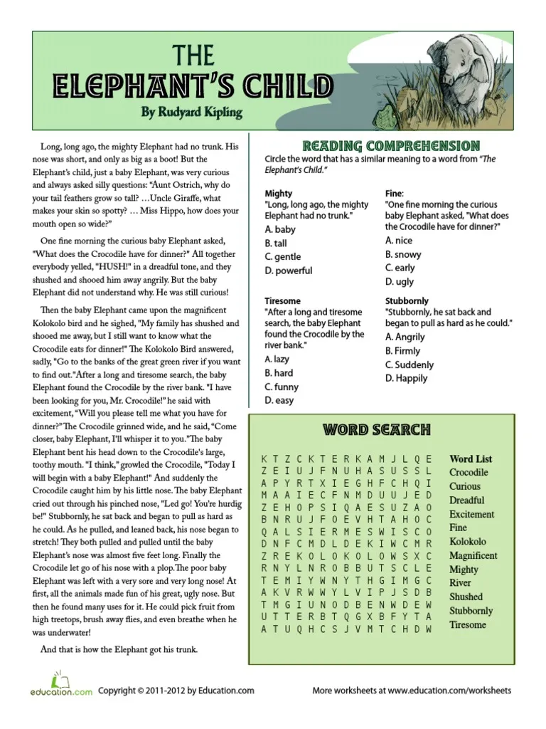 A colorful worksheet designed for third graders featuring reading comprehension activities based on "The Elephant's Child" by Rudyard Kipling