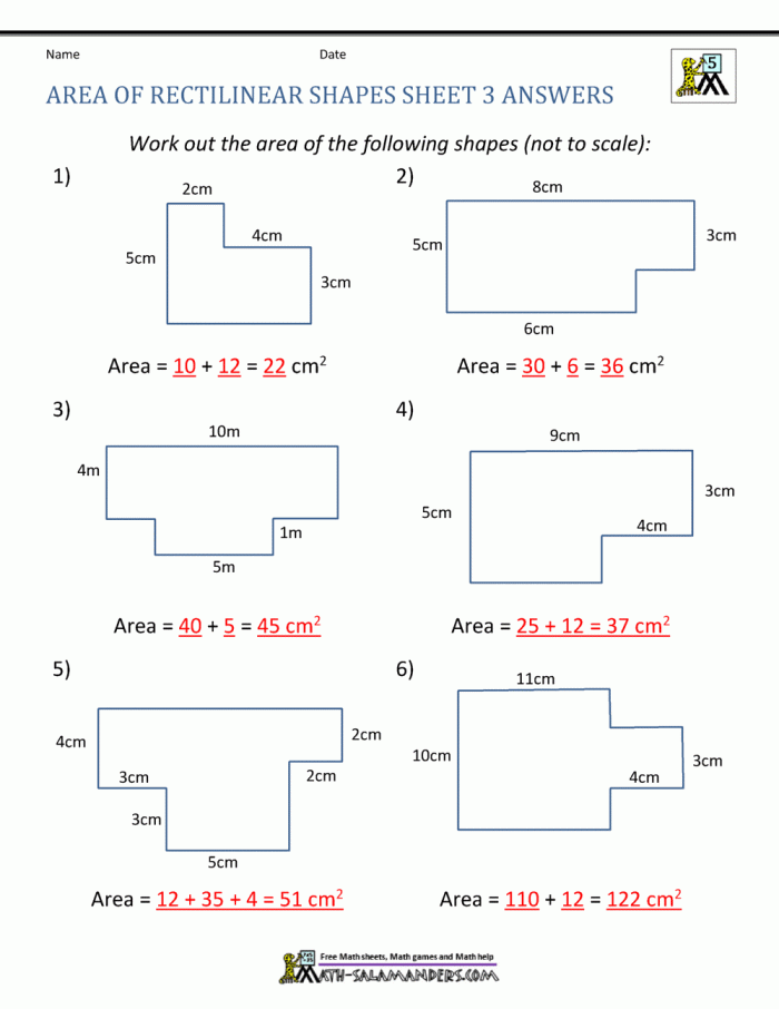 Worksheet for calculating the area of rectangular rooms in a third-grade math class