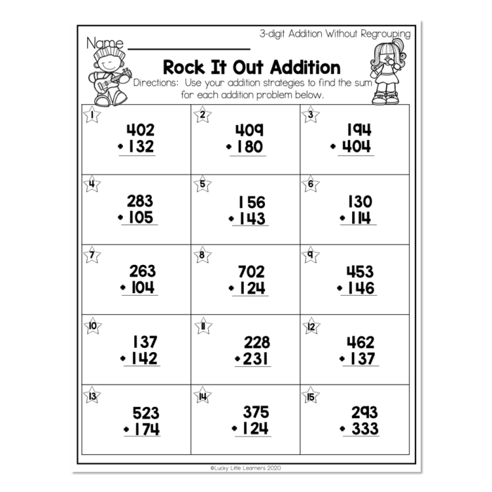 Third grade math worksheet featuring thirty-six three-digit addition problems requiring regrouping