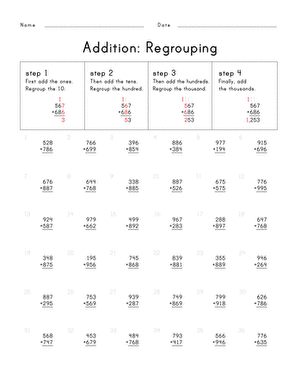 Third grade math worksheet featuring 36 problems for practicing three-digit addition with regrouping