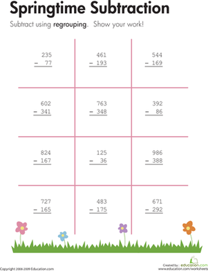 A student completing a third grade math worksheet featuring seasonal subtraction problems with regrouping