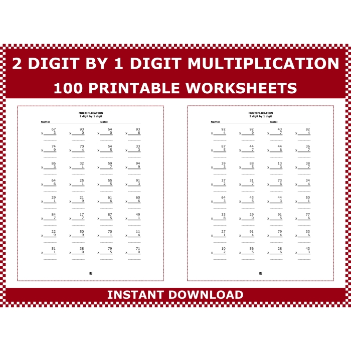 Third grade math worksheet focusing on multiplication of two-digit numbers by one-digit numbers 2-Digit by 1-Digit Multiplication worksheet for third graders featuring regrouping problems
