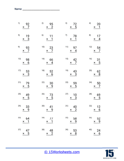 Third grade math worksheet focused on 2-digit and 1-digit multiplication practice 2-Digit by 1-Digit Multiplication worksheet for third graders featuring regrouping problems