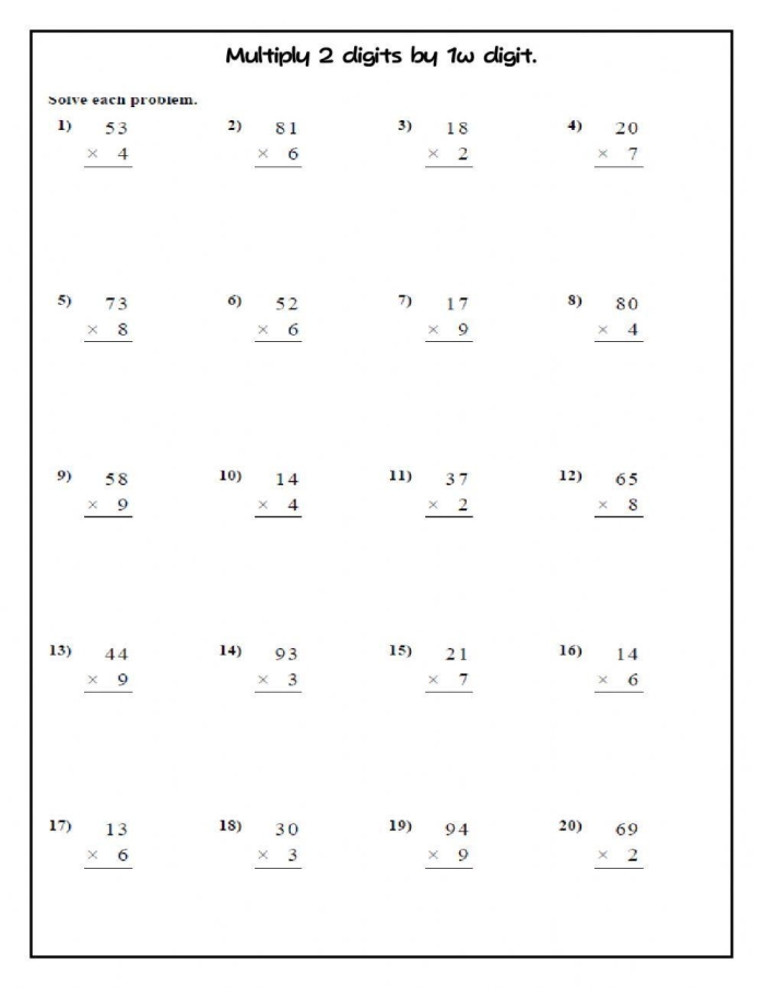 Multiplication Worksheet 21 Two-Digit by One-Digit Problems for 3rd Grade Third grade math worksheet for practicing 2-digit by 1-digit multiplication with regrouping