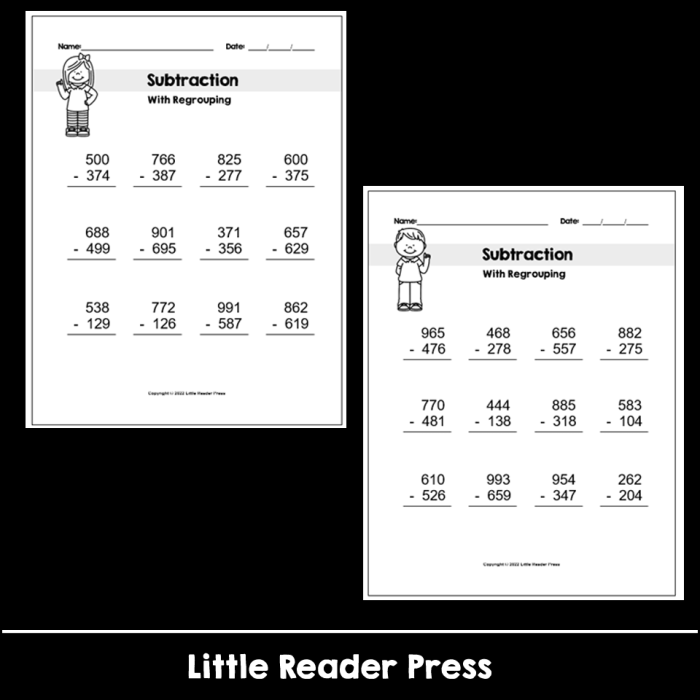 Printable three-digit subtraction practice page 16 for third grade algebra students Third grade math worksheet featuring forty-six problems for practicing 3-digit subtraction with regrouping
