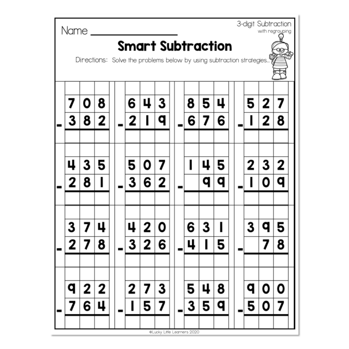 Three-Digit Subtraction with Regrouping Worksheet 11 Third grade math worksheet featuring subzero three-digit subtraction problems with regrouping