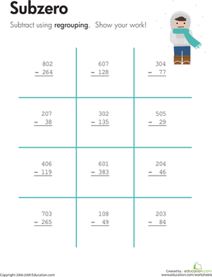 Subzero Subtraction with Regrouping Practice Problems for Elementary Students Third grade math worksheet showing three-digit subtraction problems that require regrouping or borrowing techniques