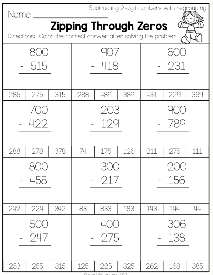 Subzero Three-Digit Subtraction with Regrouping Worksheet Number 20 Third grade math worksheet featuring three-digit subtraction problems that require regrouping to solve