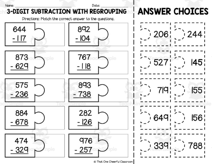 Third grade math worksheet featuring fifteen triple-digit subtraction problems that require regrouping