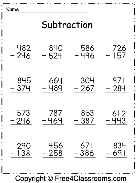 Third grade math worksheet featuring fifteen triple-digit subtraction problems requiring regrouping skills