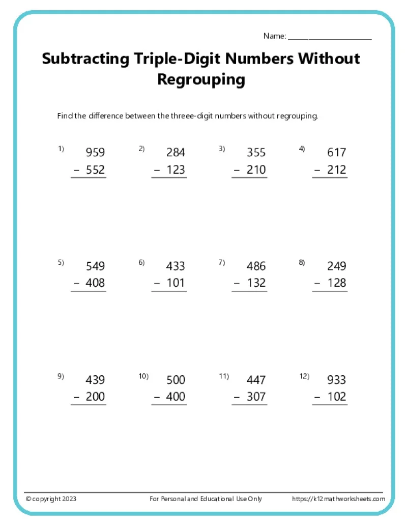 Third grade student worksheet featuring fifteen three-digit subtraction problems requiring regrouping skills