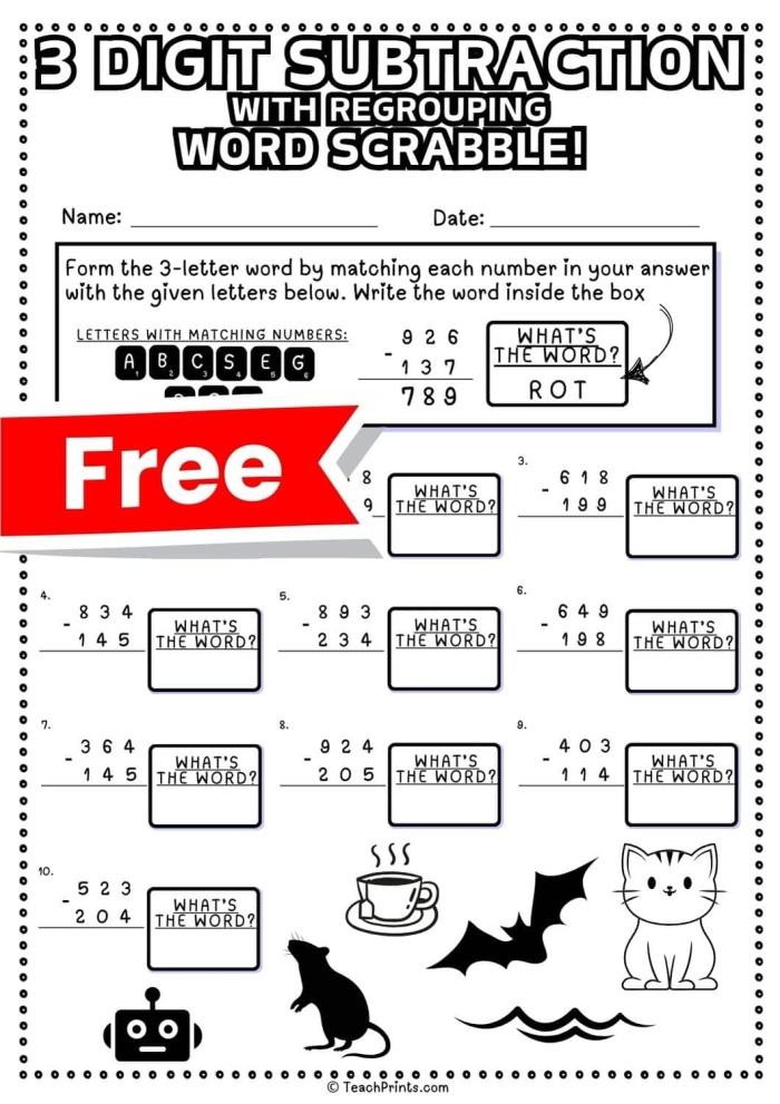 Three Digit Subtraction with Regrouping Worksheet 13 Third grade math worksheet featuring 40 three-digit subtraction problems with regrouping practice