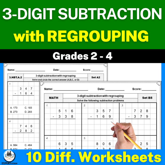 Three-Digit Subtraction with Regrouping Practice Worksheet Number 4 Third grade math worksheet featuring forty practice problems for three-digit subtraction with regrouping