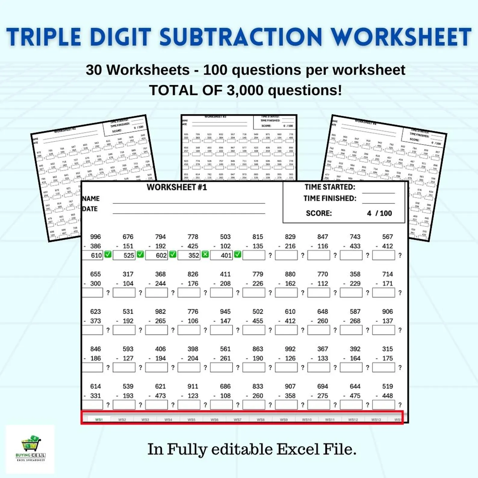 Third grade math worksheet featuring fifteen triple-digit subtraction problems that require regrouping to solve