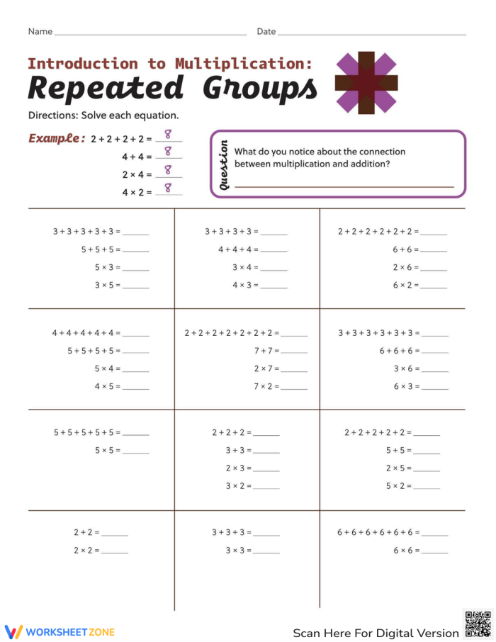 Third grade worksheet showing repeated groups for an intro to multiplication lesson