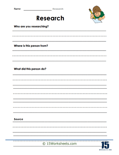 Graphic organizer for third graders to research an important person, featuring sections for key details. Research an Important Person worksheet designed to help students organize their findings.