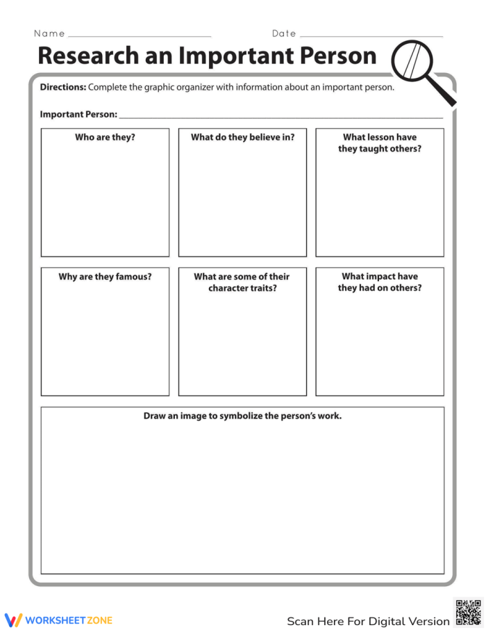 Graphic organizer for researching an important person, designed for third graders to collect and structure information. Research an Important Person worksheet for third grade students.