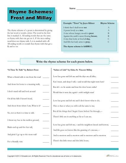 Engaging worksheet to explore rhyme scheme through a classic poem Robert Frost Rhyme Scheme worksheet for third graders learning to rhyme