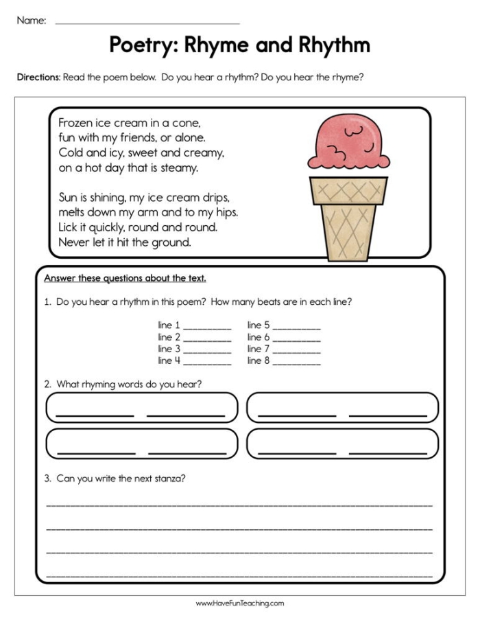 Worksheet showcasing rhythm in poetry with "Casey at the Bat" for third graders
