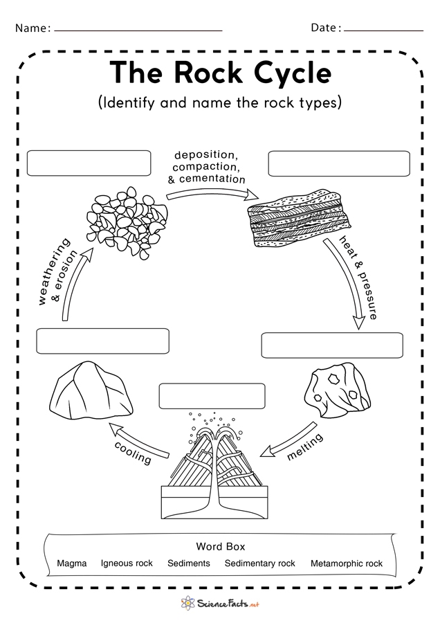 Third Grade Rock Cycle Worksheet Diagram with Vocabulary Terms and Process Arrows Colorful diagram showing the three stages of the rock cycle with arrows connecting igneous rock, sedimentary rock, and metamorphic rock formations for third grade earth science