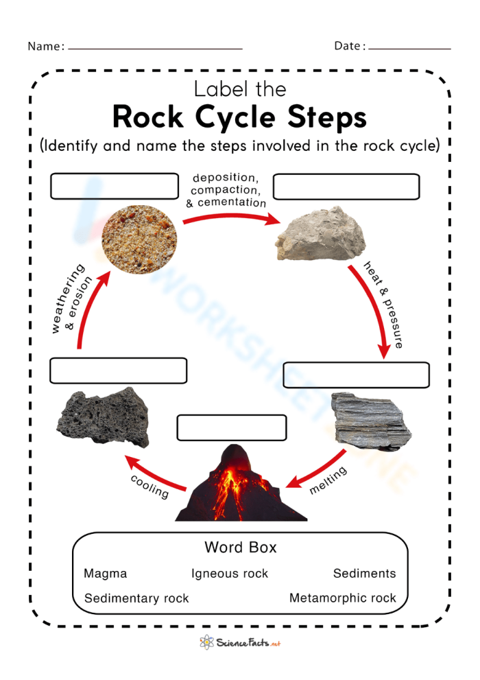 What is the Rock Cycle Worksheet 24 Third grade Earth science worksheet showing a colorful diagram of the rock cycle with key vocabulary terms