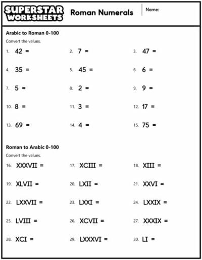 Phonics worksheet for Third Grade Children engaged in a Roman Numerals worksheet, identifying and converting numbers. Introduction to Roman Numerals for third graders in a fun and educational activity.