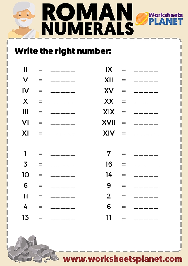 Interactive worksheet for learning Roman numeral identification and conversion Students engaging with a Roman Numerals worksheet for third grade