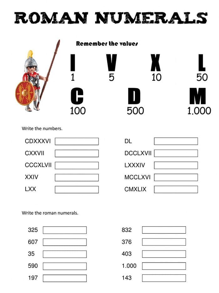 Introductory Roman Numerals worksheet for children in third grade Worksheet for recognizing and converting Roman numerals for third graders