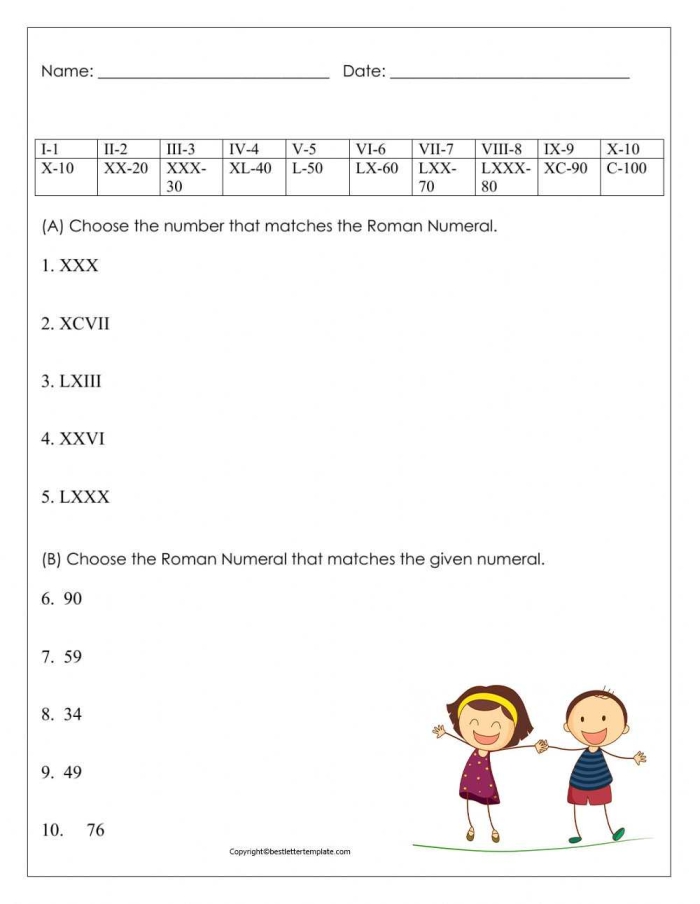 Worksheet on working with Roman numerals for third graders Children engaging with a worksheet on Roman numerals, learning to identify and convert them
