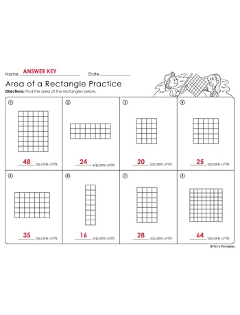 Third grade math worksheet featuring area calculations for rectangular rooms