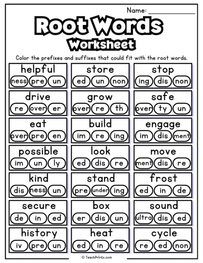 Worksheet featuring a word search puzzle for third graders to identify root words and related words