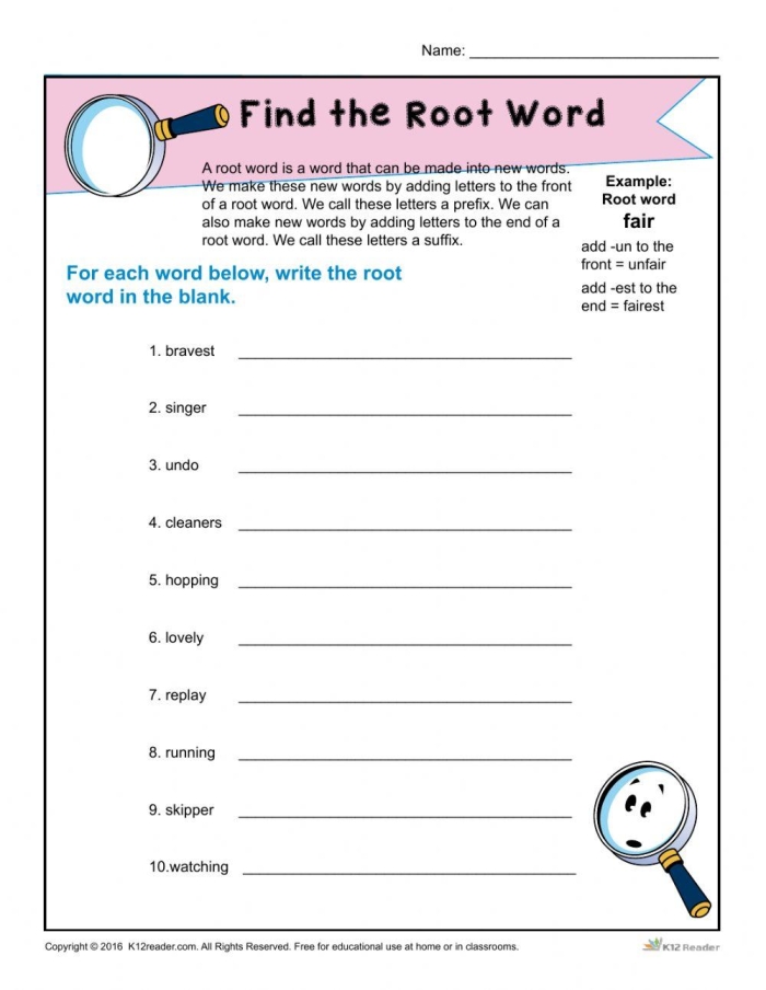 Worksheet featuring a word search puzzle for identifying root words for third graders