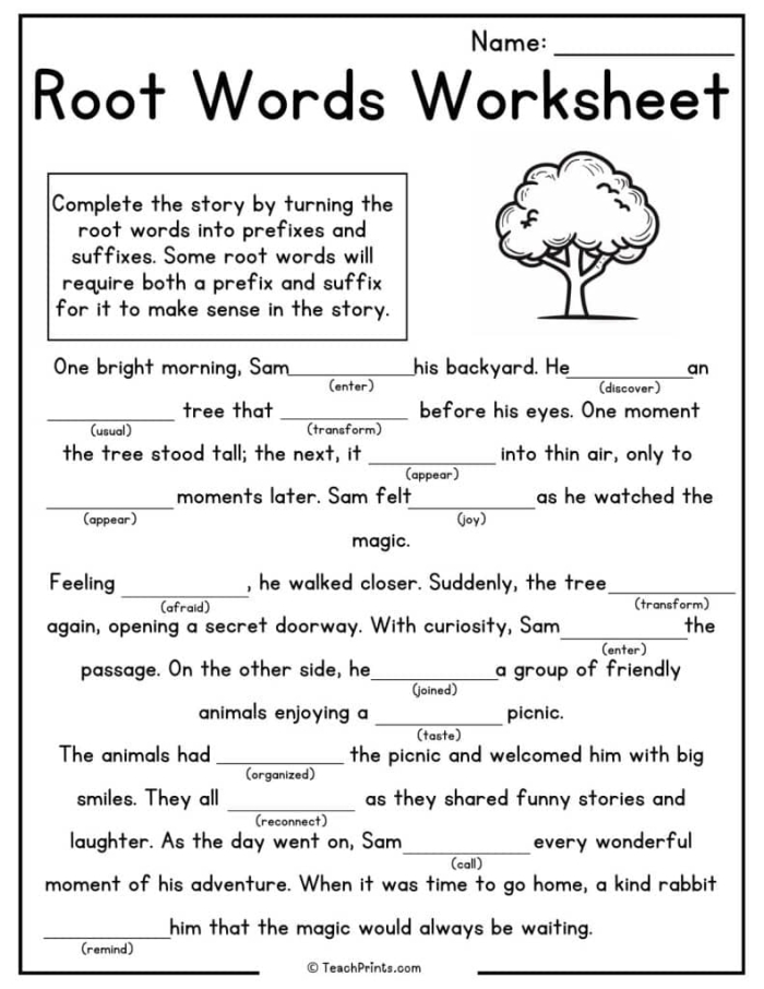 Worksheet featuring a word search puzzle for identifying root words suitable for third graders