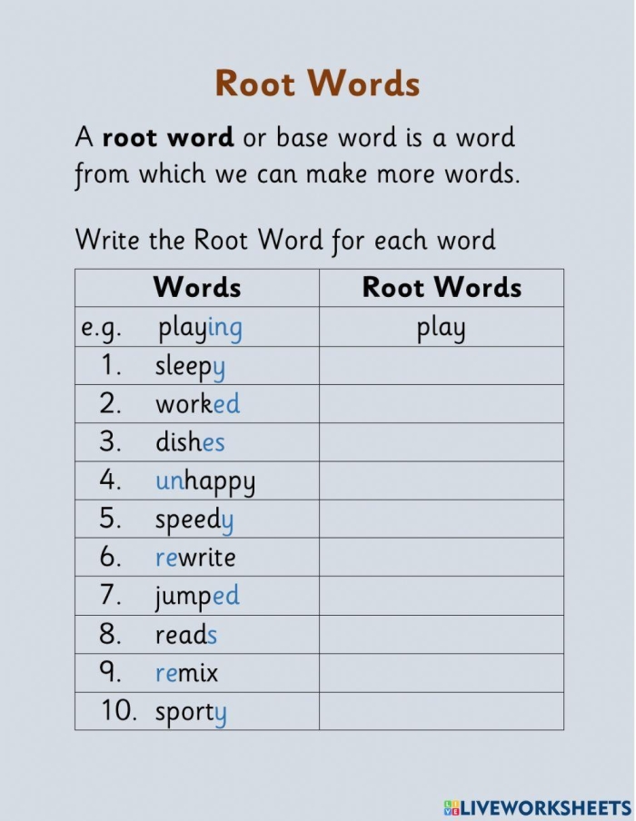 Worksheet featuring a word search puzzle for discovering root words aimed at third graders